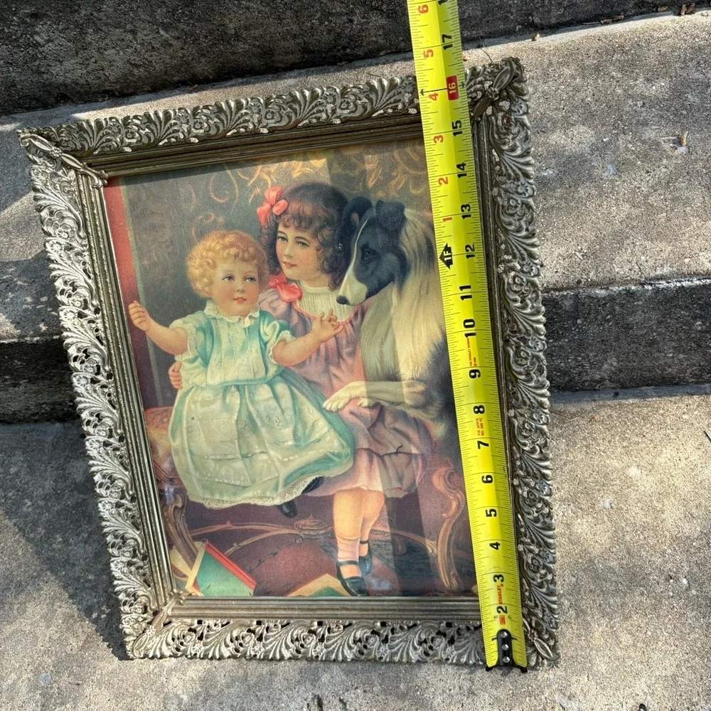 14X17 Gold Toned Metal Frame w/ Glass Litho Print 2 Victorian Girls Collie Dog